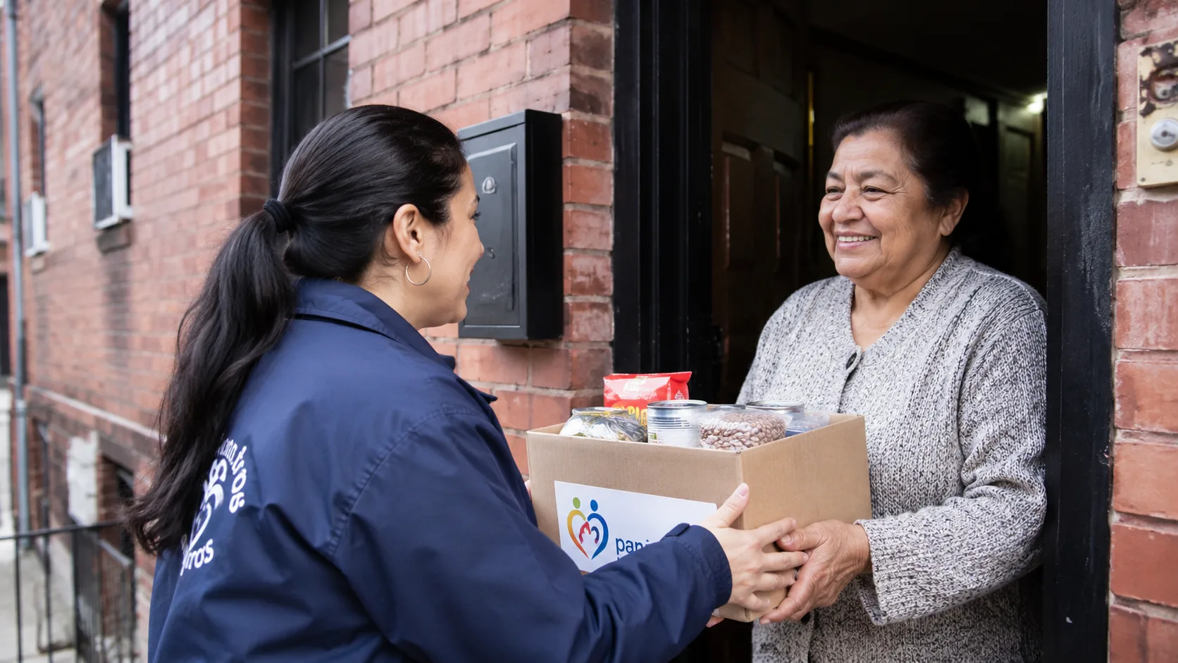 Una voluntaria entrega una bolsa de alimentos a una vecina en la puerta de su casa
